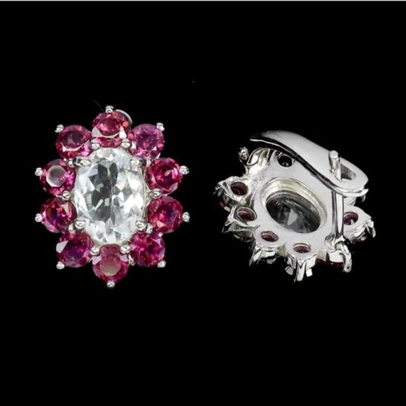 Natural Aquamarine & Rhodolite Garnet 925 Sterling Silver Earrings - Picture 2 of 2